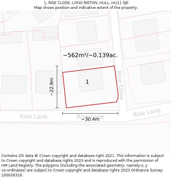 1, RISE CLOSE, LONG RISTON, HULL, HU11 5JE: Plot and title map