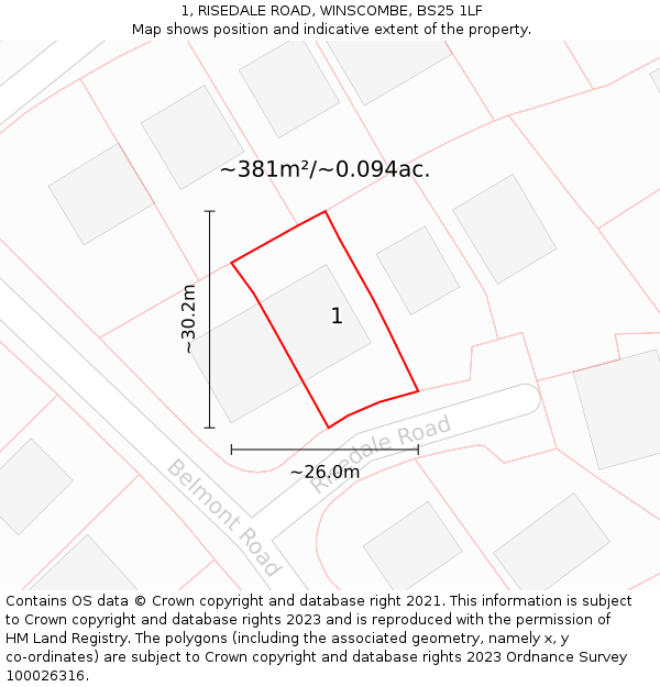 1, RISEDALE ROAD, WINSCOMBE, BS25 1LF: Plot and title map