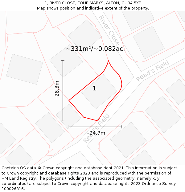 1, RIVER CLOSE, FOUR MARKS, ALTON, GU34 5XB: Plot and title map