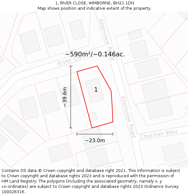 1, RIVER CLOSE, WIMBORNE, BH21 1DN: Plot and title map