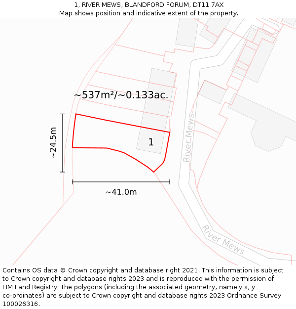 1, RIVER MEWS, BLANDFORD FORUM, DT11 7AX: Plot and title map