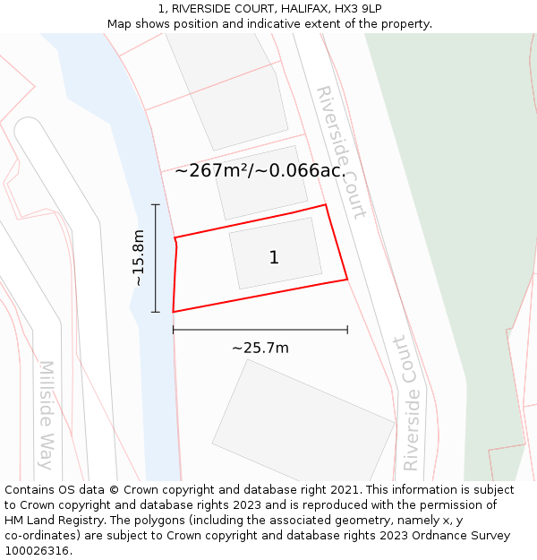 1, RIVERSIDE COURT, HALIFAX, HX3 9LP: Plot and title map