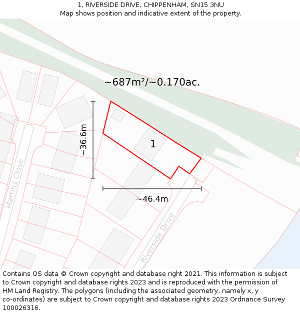 1, RIVERSIDE DRIVE, CHIPPENHAM, SN15 3NU: Plot and title map