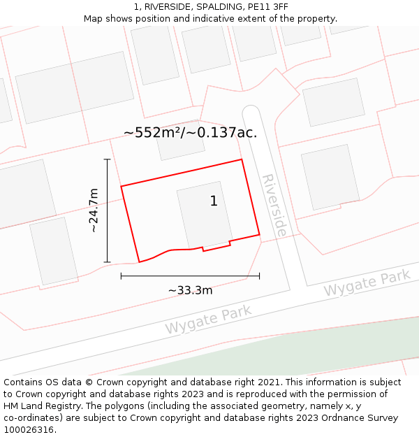 1, RIVERSIDE, SPALDING, PE11 3FF: Plot and title map