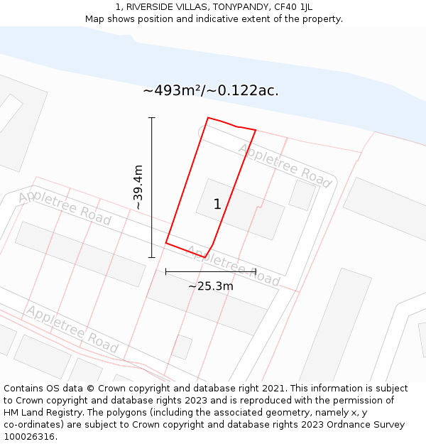 1, RIVERSIDE VILLAS, TONYPANDY, CF40 1JL: Plot and title map