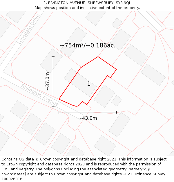 1, RIVINGTON AVENUE, SHREWSBURY, SY3 9QL: Plot and title map