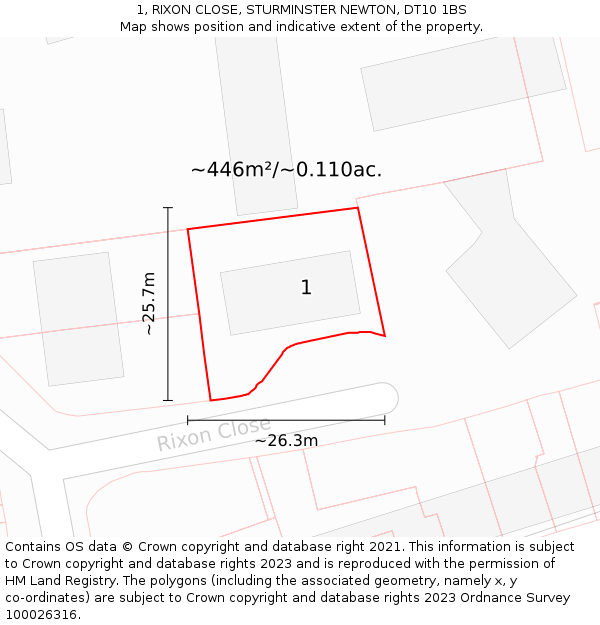 1, RIXON CLOSE, STURMINSTER NEWTON, DT10 1BS: Plot and title map