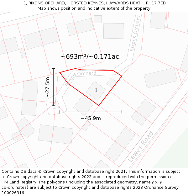 1, RIXONS ORCHARD, HORSTED KEYNES, HAYWARDS HEATH, RH17 7EB: Plot and title map