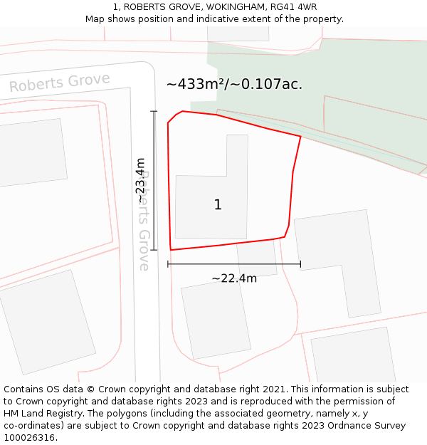 1, ROBERTS GROVE, WOKINGHAM, RG41 4WR: Plot and title map