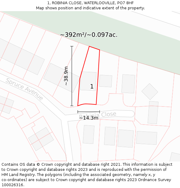 1, ROBINIA CLOSE, WATERLOOVILLE, PO7 8HF: Plot and title map