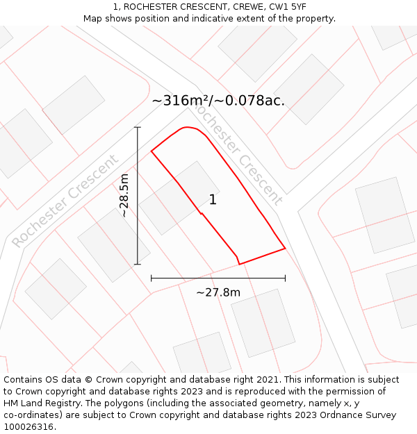 1, ROCHESTER CRESCENT, CREWE, CW1 5YF: Plot and title map