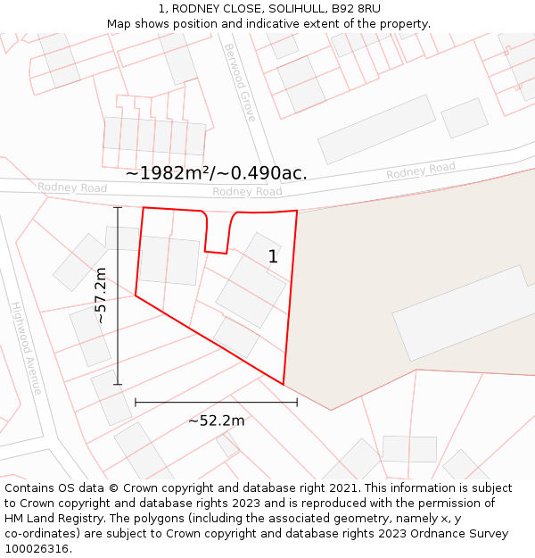 1, RODNEY CLOSE, SOLIHULL, B92 8RU: Plot and title map