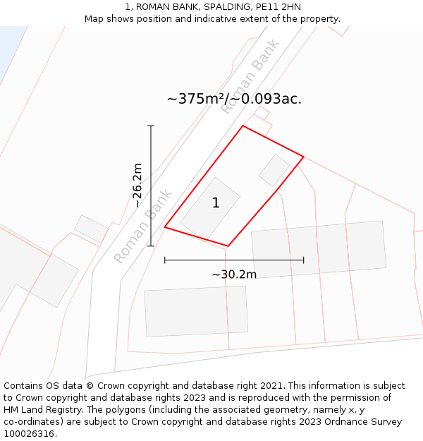 1, ROMAN BANK, SPALDING, PE11 2HN: Plot and title map