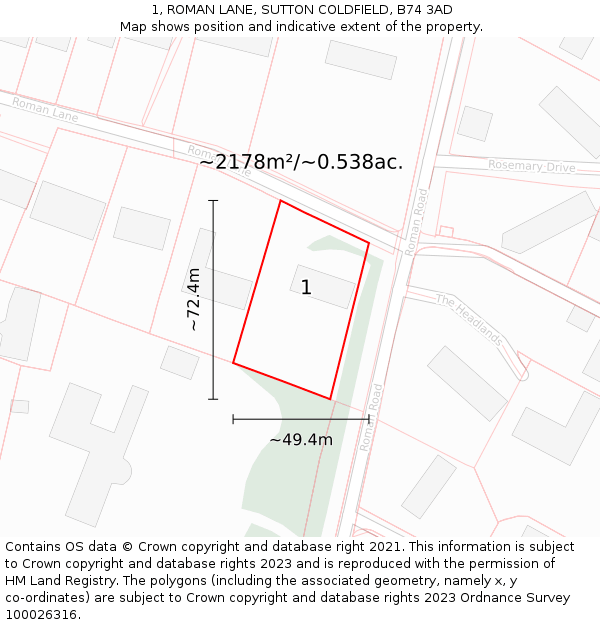 1, ROMAN LANE, SUTTON COLDFIELD, B74 3AD: Plot and title map