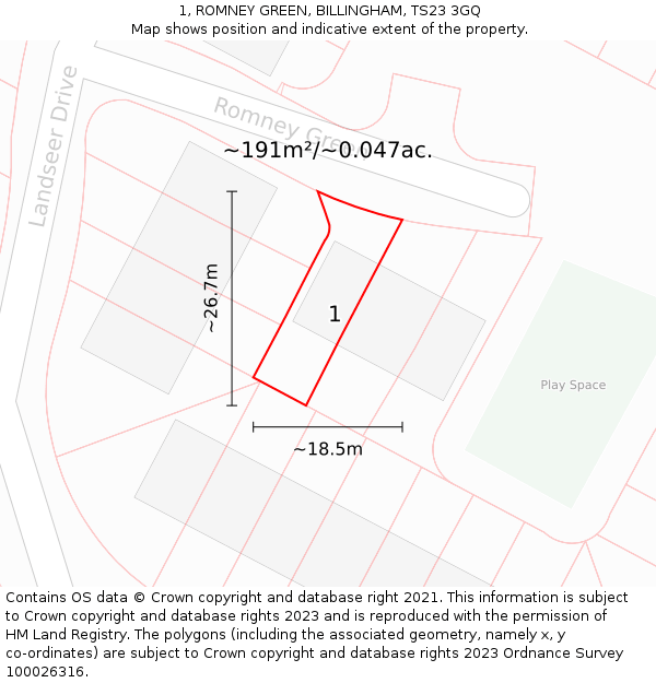 1, ROMNEY GREEN, BILLINGHAM, TS23 3GQ: Plot and title map