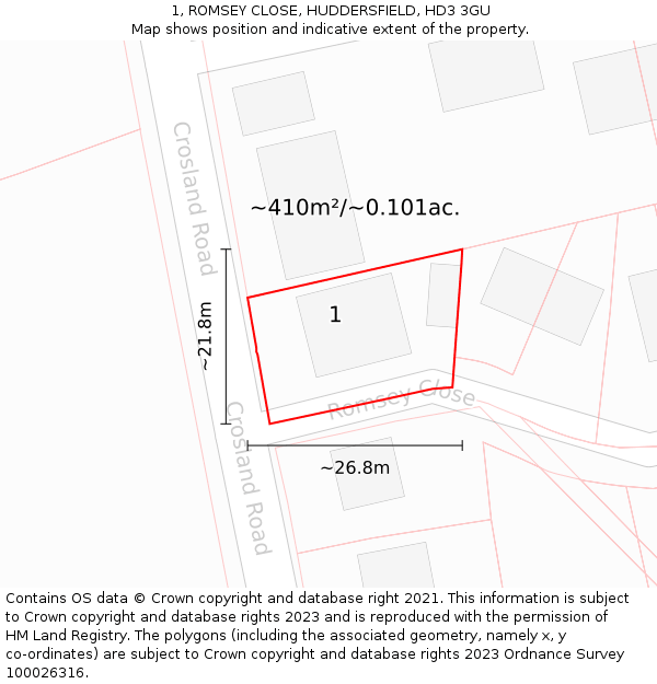 1, ROMSEY CLOSE, HUDDERSFIELD, HD3 3GU: Plot and title map