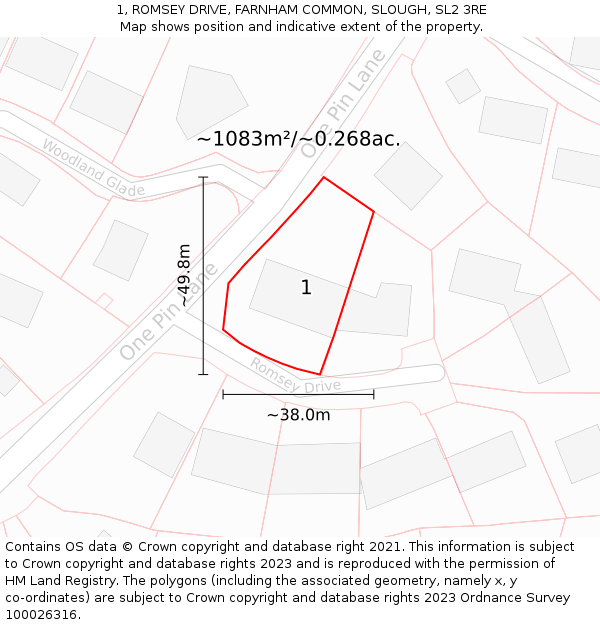 1, ROMSEY DRIVE, FARNHAM COMMON, SLOUGH, SL2 3RE: Plot and title map