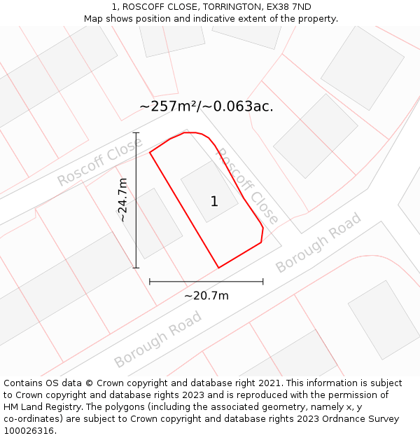 1, ROSCOFF CLOSE, TORRINGTON, EX38 7ND: Plot and title map