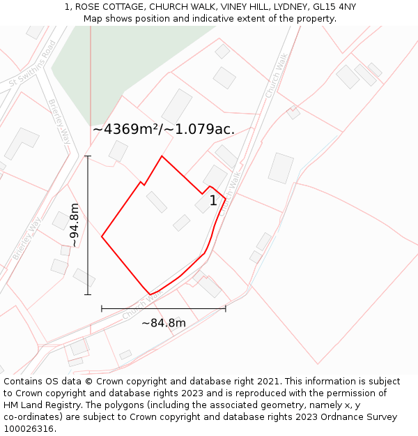 1, ROSE COTTAGE, CHURCH WALK, VINEY HILL, LYDNEY, GL15 4NY: Plot and title map