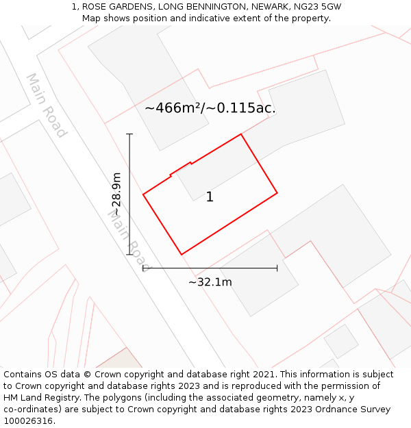 1, ROSE GARDENS, LONG BENNINGTON, NEWARK, NG23 5GW: Plot and title map