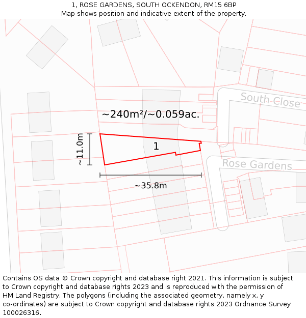 1, ROSE GARDENS, SOUTH OCKENDON, RM15 6BP: Plot and title map