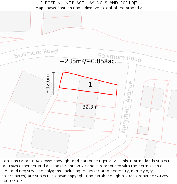 1, ROSE IN JUNE PLACE, HAYLING ISLAND, PO11 9JB: Plot and title map