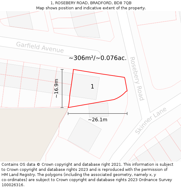 1, ROSEBERY ROAD, BRADFORD, BD8 7QB: Plot and title map