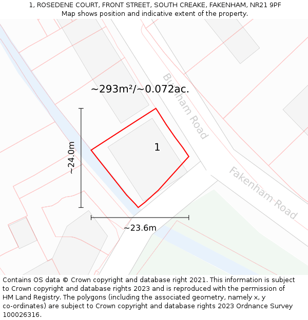 1, ROSEDENE COURT, FRONT STREET, SOUTH CREAKE, FAKENHAM, NR21 9PF: Plot and title map