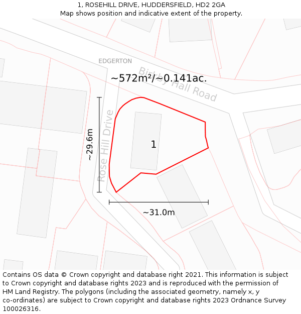 1, ROSEHILL DRIVE, HUDDERSFIELD, HD2 2GA: Plot and title map