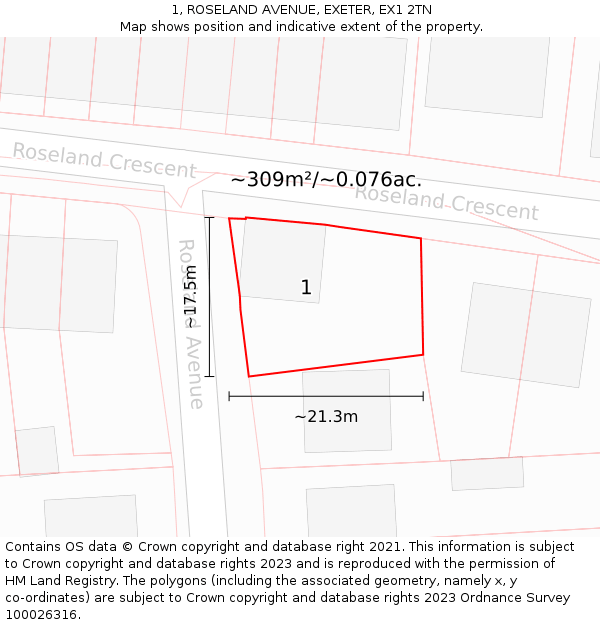1, ROSELAND AVENUE, EXETER, EX1 2TN: Plot and title map