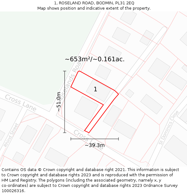 1, ROSELAND ROAD, BODMIN, PL31 2EQ: Plot and title map