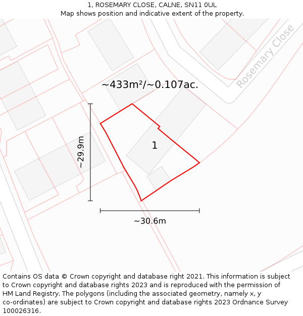 1, ROSEMARY CLOSE, CALNE, SN11 0UL: Plot and title map