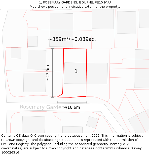 1, ROSEMARY GARDENS, BOURNE, PE10 9NU: Plot and title map