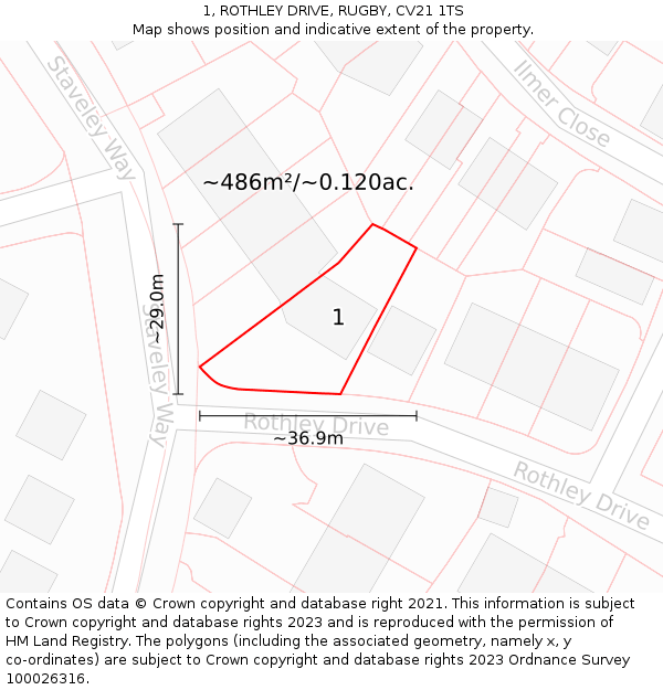 1, ROTHLEY DRIVE, RUGBY, CV21 1TS: Plot and title map