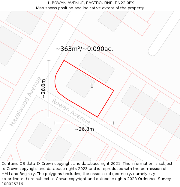 1, ROWAN AVENUE, EASTBOURNE, BN22 0RX: Plot and title map