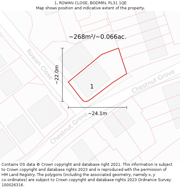 1, ROWAN CLOSE, BODMIN, PL31 1QE: Plot and title map