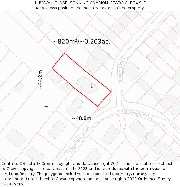 1, ROWAN CLOSE, SONNING COMMON, READING, RG4 9LD: Plot and title map