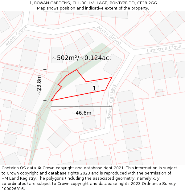 1, ROWAN GARDENS, CHURCH VILLAGE, PONTYPRIDD, CF38 2GG: Plot and title map