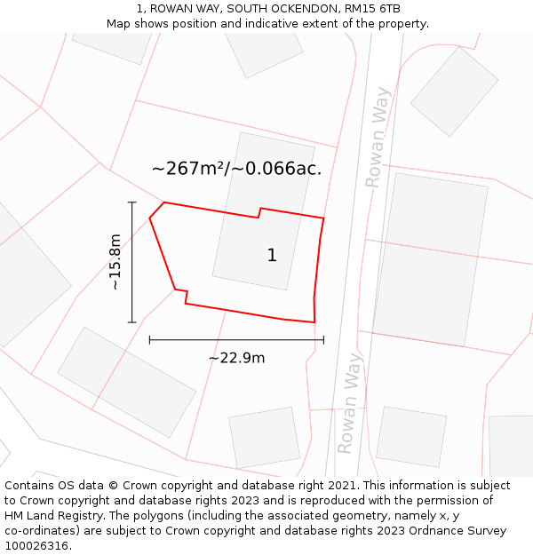 1, ROWAN WAY, SOUTH OCKENDON, RM15 6TB: Plot and title map