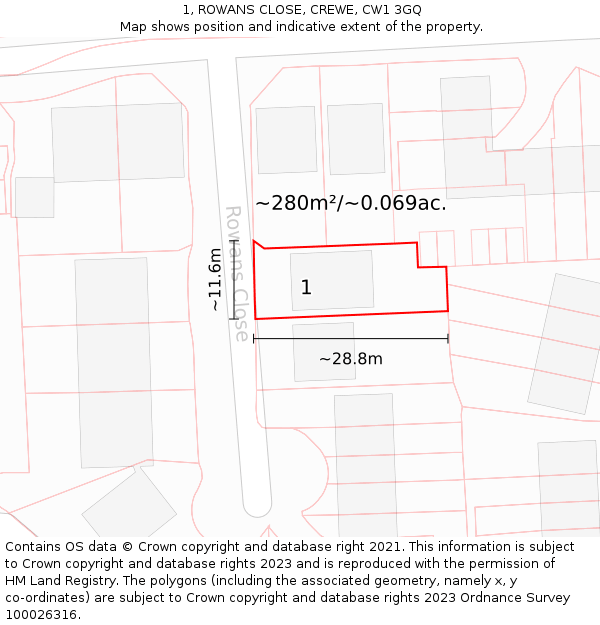 1, ROWANS CLOSE, CREWE, CW1 3GQ: Plot and title map