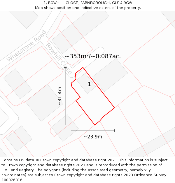 1, ROWHILL CLOSE, FARNBOROUGH, GU14 9GW: Plot and title map