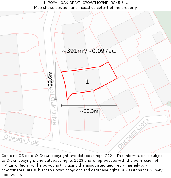 1, ROYAL OAK DRIVE, CROWTHORNE, RG45 6LU: Plot and title map