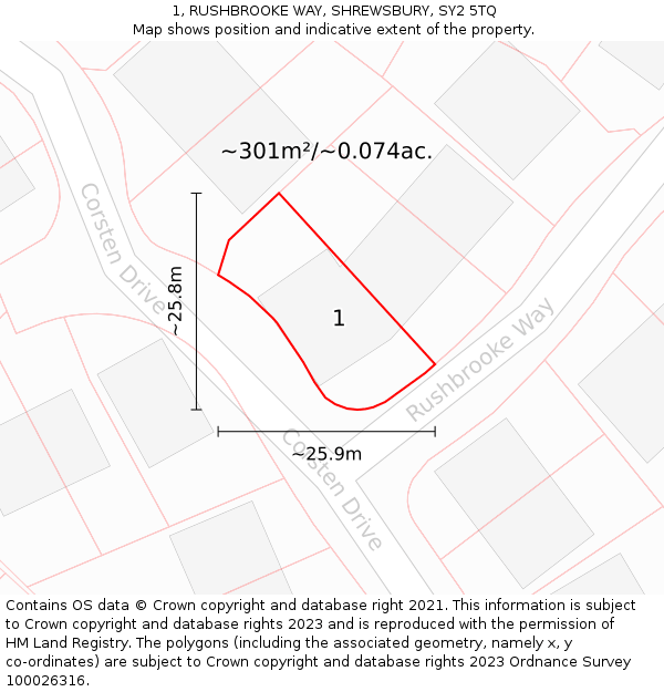 1, RUSHBROOKE WAY, SHREWSBURY, SY2 5TQ: Plot and title map