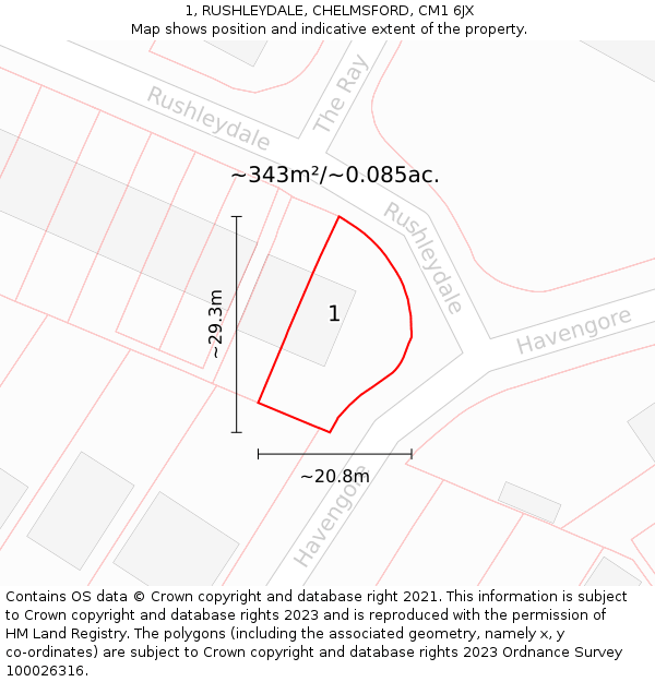 1, RUSHLEYDALE, CHELMSFORD, CM1 6JX: Plot and title map