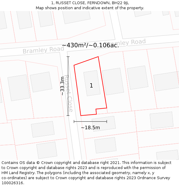 1, RUSSET CLOSE, FERNDOWN, BH22 9JL: Plot and title map