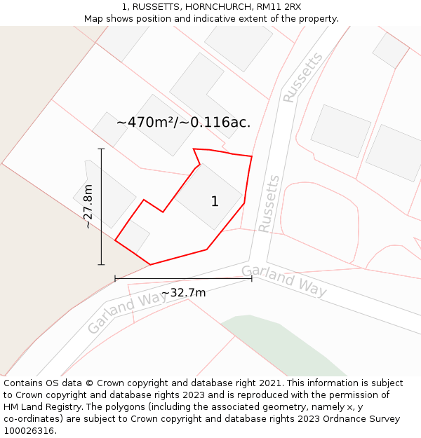 1, RUSSETTS, HORNCHURCH, RM11 2RX: Plot and title map