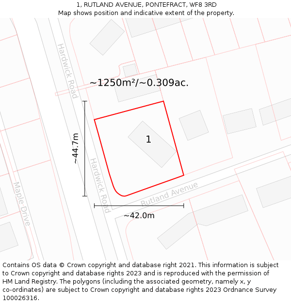 1, RUTLAND AVENUE, PONTEFRACT, WF8 3RD: Plot and title map