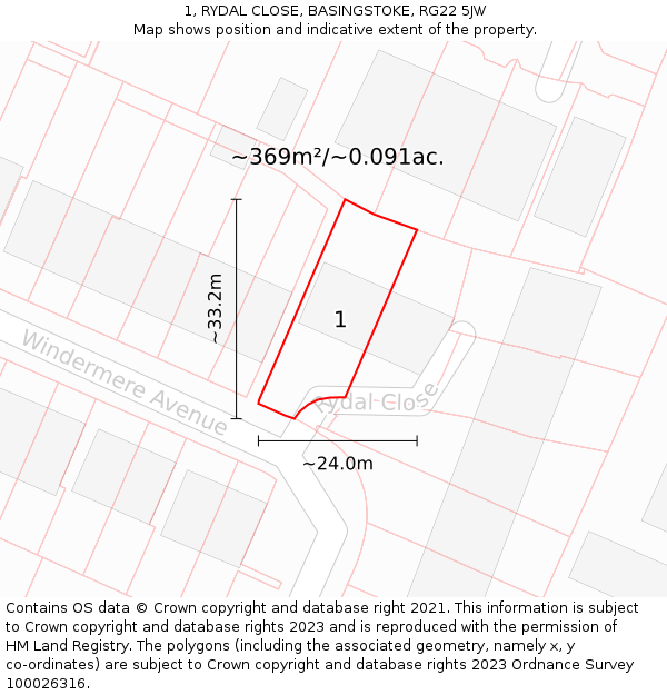 1, RYDAL CLOSE, BASINGSTOKE, RG22 5JW: Plot and title map