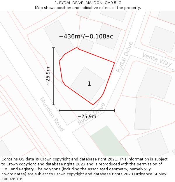 1, RYDAL DRIVE, MALDON, CM9 5LG: Plot and title map