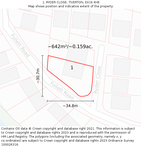 1, RYDER CLOSE, TIVERTON, EX16 4HE: Plot and title map